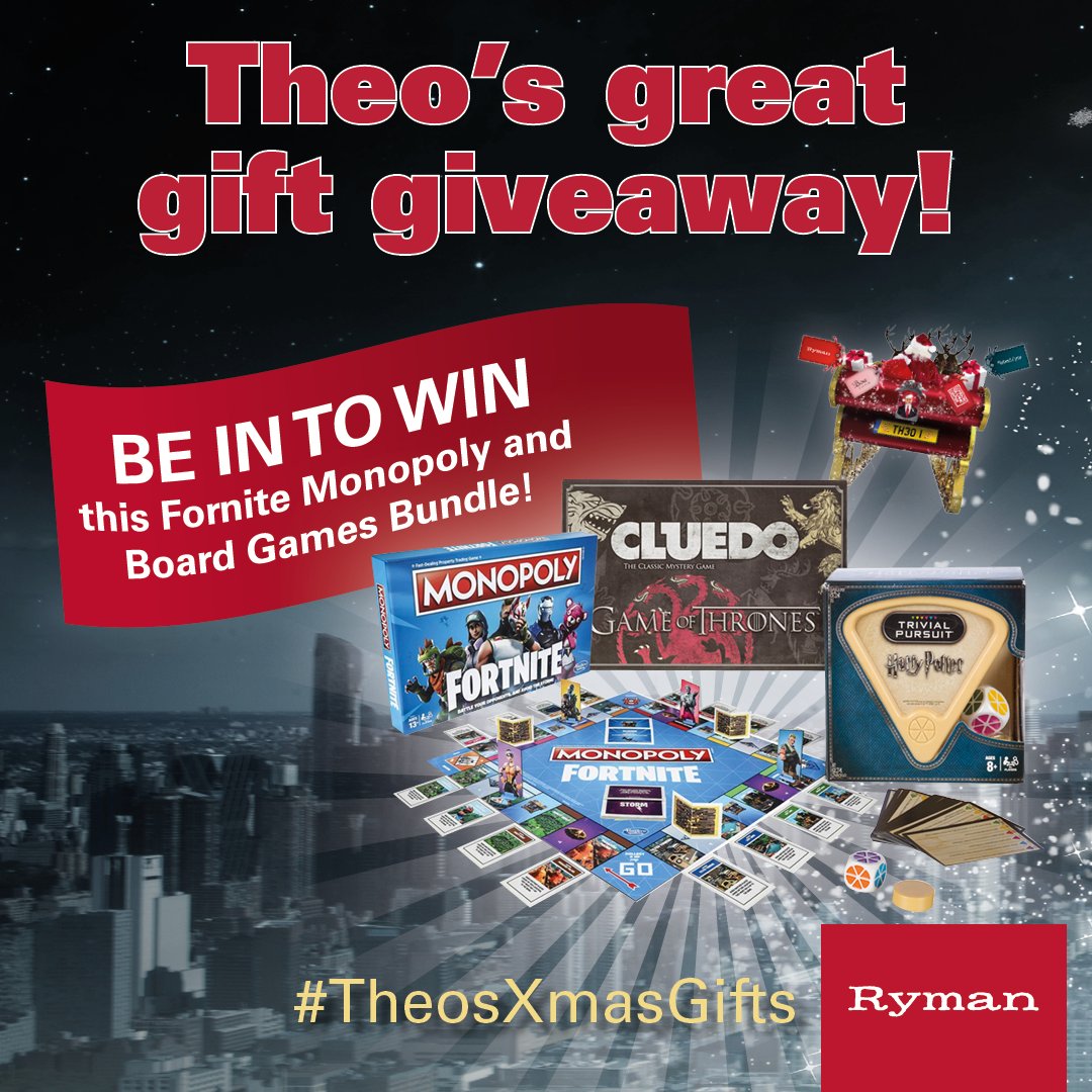 TheoPaphitis's tweet image. Here we go...today's prize is #Fortnite #Monopoly &amp;amp; games bundle from @RymanStationery ! This is your chance to get your hands on the game everyone is talking about. Follow, RT and use the hashtag #TheosXmasGifts to enter. Winner picked after 6pm - good luck !