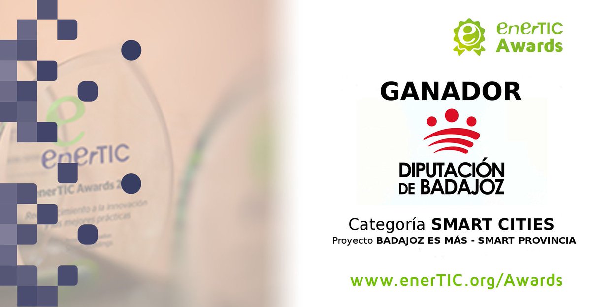 🎖 ¡Nos acaban de dar un premio! #DipBdjz consigue el premio #enerTICAwards de <a href="/enerTIC_es/">Plataforma enerTIC</a> en la categoría de Smart Cities gracias a su proyecto "Badajoz es más - Smart Provincia". Lo ha recogido el vicepresidente segundo <a href="/Ramon_Ropero/">Ramon Ropero</a> en Madrid. ¡Gracias!