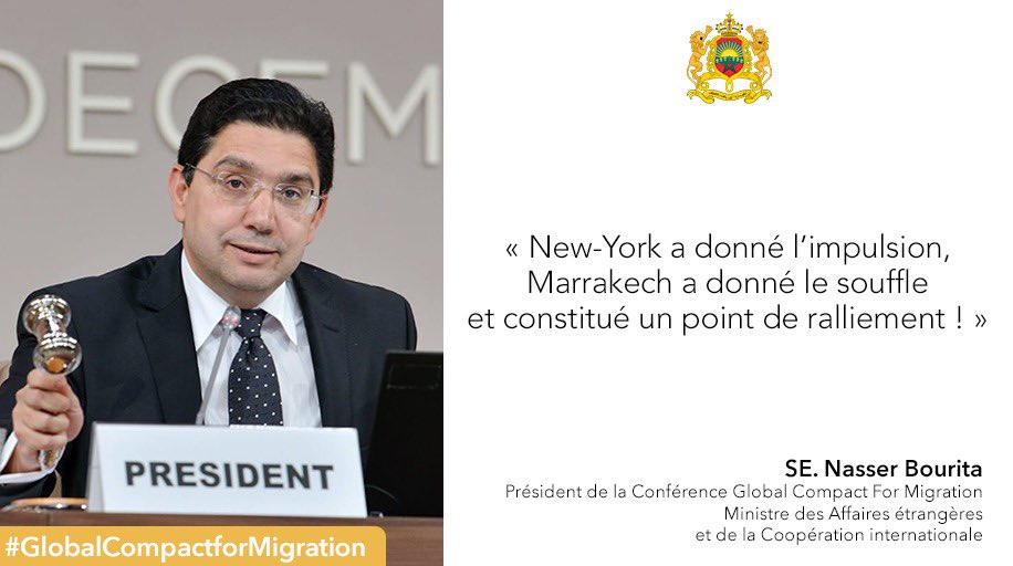 MarocDiplomatie's tweet image. &quot;C’est dans un climat serein et empreint de bonne volonté que ce sont déroulées ces deux journées&quot; SE. #Nasser_Bourita, Président de la Conférence, Ministre des Affaires étrangères et de la Coopération internationale du #Maroc, conférence de Clôture #GlobalCompactForMigration.