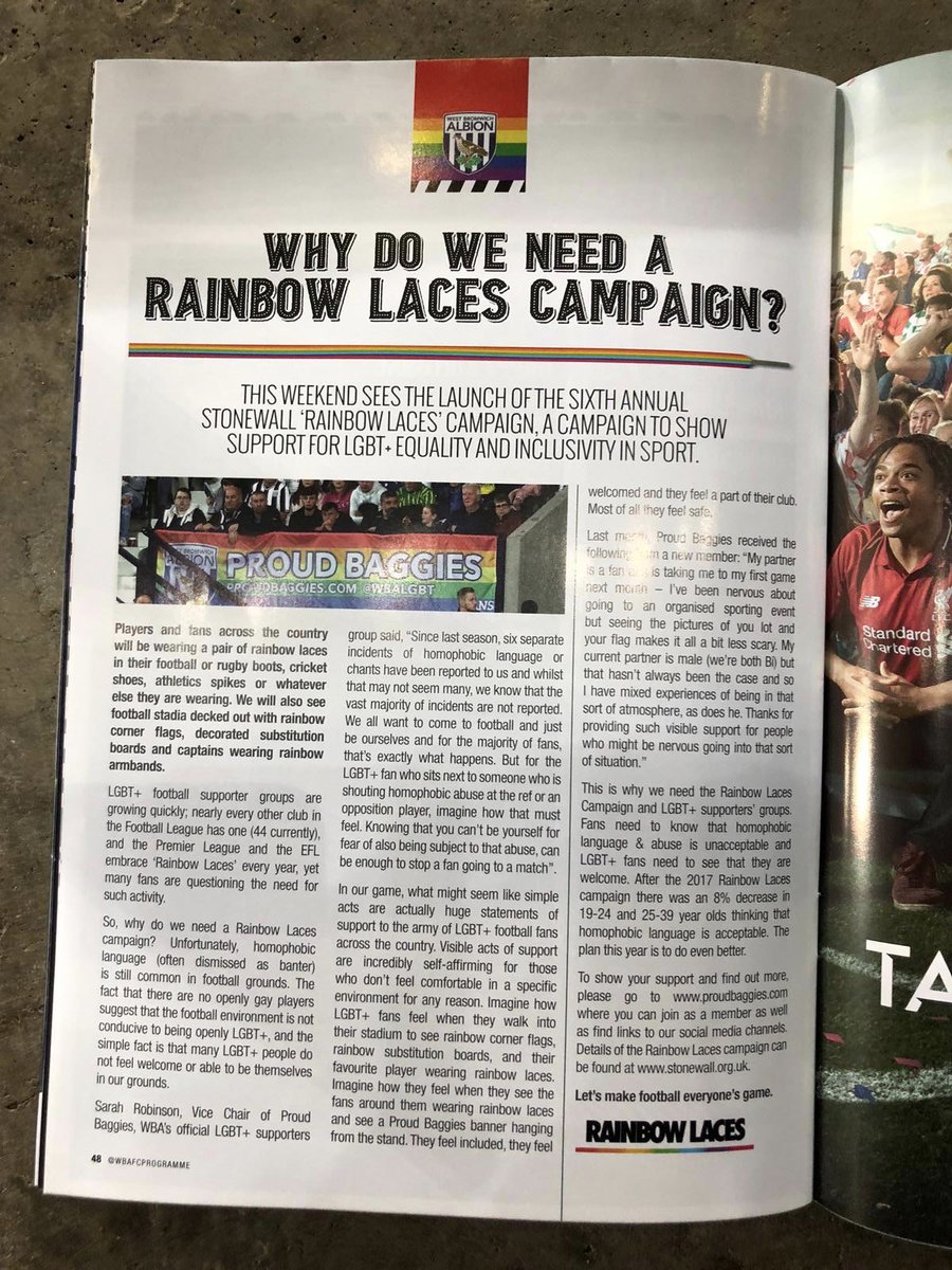 👀🏳️🌈 Check out our latest blog (if you missed our programme piece)...
Even more poignant after recent reports of homophobic responses to various club’s posts. This is why campaigns like @stonewalluk’s Rainbow Laces are needed...
👉🏼 http://ProudBaggies.com/proud-baggies-blog …
#WBA