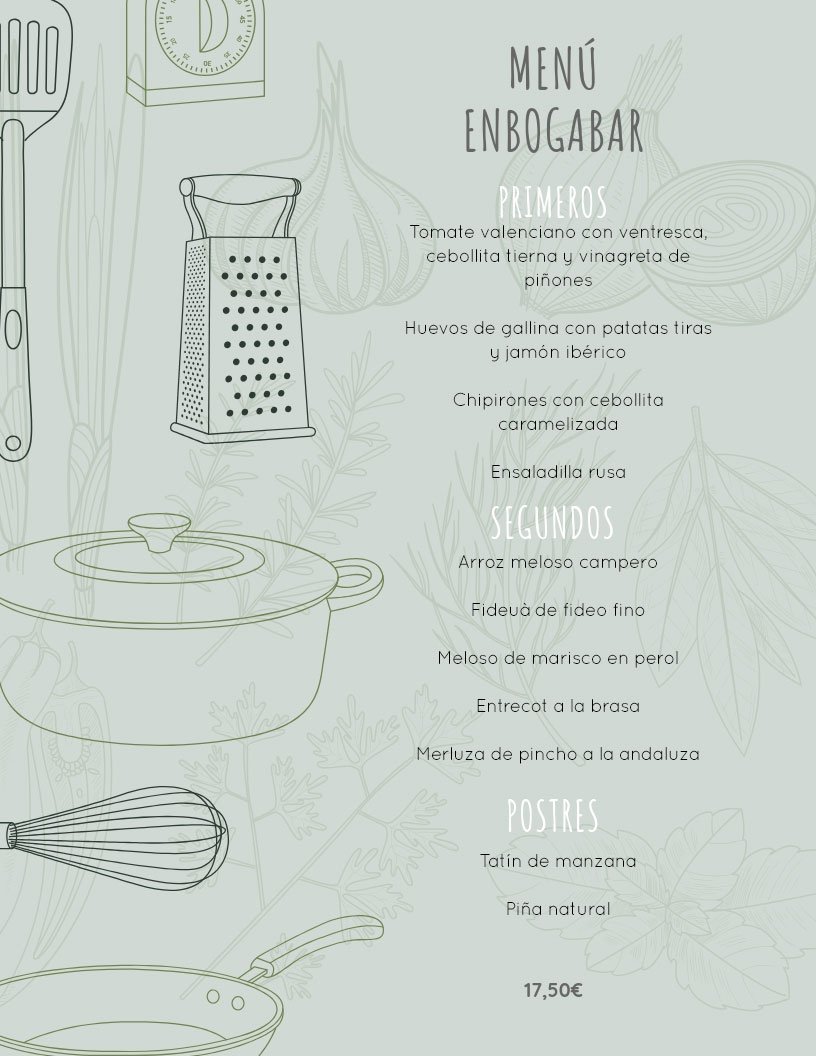 🍴Nuestro menú del día🍴 
▪️Podéis elegir entre un primero, un segundo y un postre▪️
¿Todavía no nos conoces?😁 
¡Os esperamos! 

#felizmiercoles #enbogabar #valencia #brasserie #gastrobar #paella #arroces #carnes #tapas #pescados #valenciacity