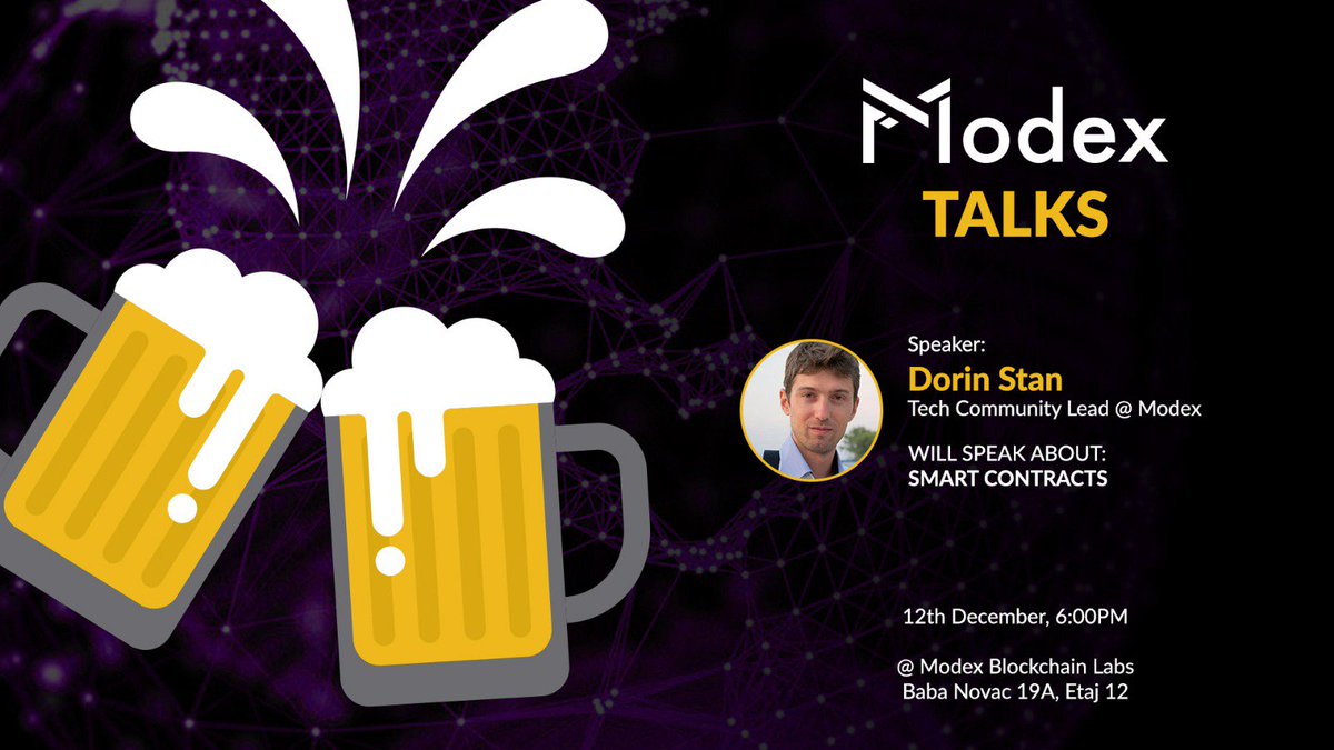 Join us this evening, the 12th of December, at 6:00 pm, for our weekly Modex Talks meetup! This week's edition is focused on smart contracts and will be hosted by Dorin Stan, Tech Community Lead at Modex. #Modex #Talks #Meetup #Blockchain #SmartContracts #Solidity #Developers
