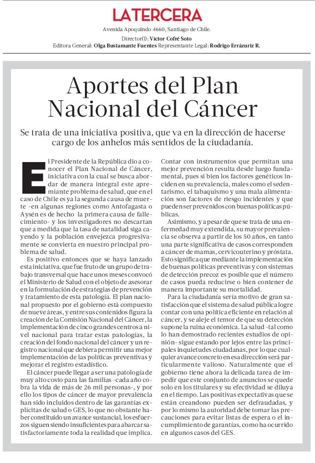 Emilio Santelices C. (@esantelicesc) on Twitter photo De acuerdo a la editorial publicada en <a href="/latercera/">La Tercera</a> nuestro #PlanNacionalDeCáncer viene a responder una sentida necesidad sanitaria que tiene nuestro país y que la ciudadanía ha expresado. Nos enfrentamos a la que será la primera causa de muerte en nuestro país, y lo haremos juntos De acuerdo a la editorial publicada en <a href="/latercera/">La Tercera</a> nuestro #PlanNacionalDeCáncer viene a responder una sentida necesidad sanitaria que tiene nuestro país y que la ciudadanía ha expresado. Nos enfrentamos a la que será la primera causa de muerte en nuestro país, y lo haremos juntos