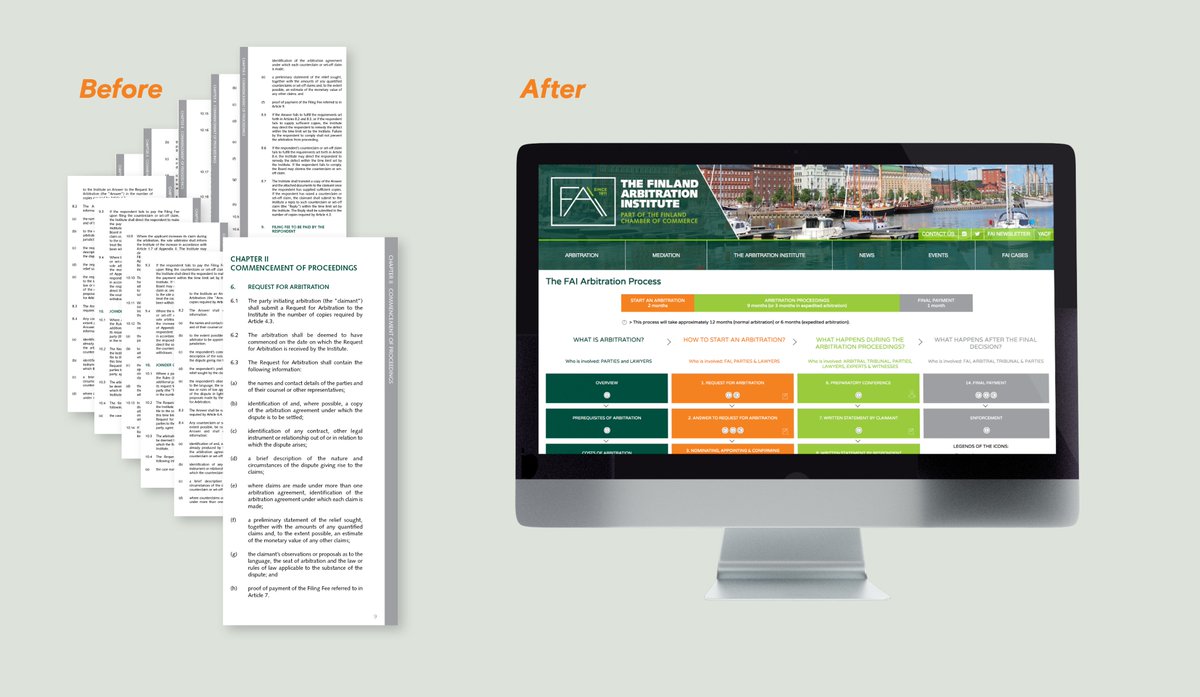 MariePotelSavil's tweet image. Number 2 of our #legaldesign makovers series: the arbitration process made accessible, easy to navigate and engaging to first timers such as SME&apos;s. Want to see it for real? arbitration.fi/arbitration/fa…  #dotlegaldesign #futureoflaw
