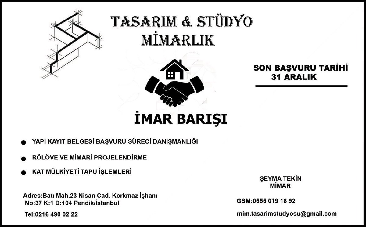 #tasarımstüdyomimarlık #imar #imarbarisi #imaraffi #imarbarisiturkiye #yapıkayıtbelgesi #tapu #katmülkiyeti #imarbarisi2018 #iskan #mimari #mimaridanışmanlık #çevreşehircilikbakanlığı #31aralık #istanbul #pendik