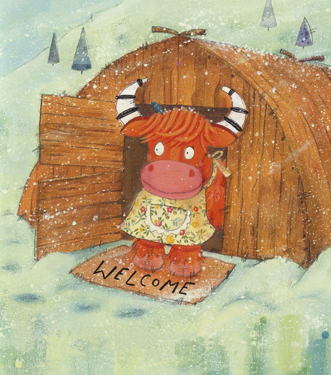 illustration of a highland cow wearing an apron. The cow is cosy in a small barn with its head poking out and its front hooves on the welcome mat. it's snowing. Beautiful illustration by Natalie Russell.