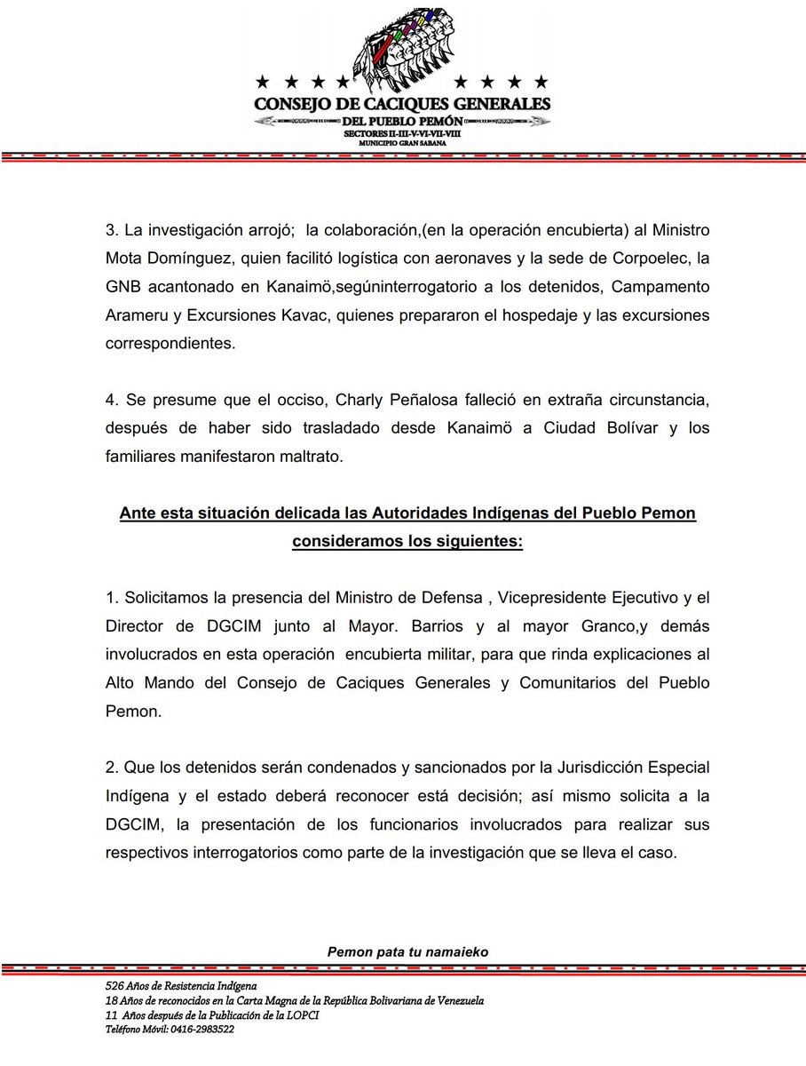 PableOstos's tweet photo. #Canaina #12Dic En un segundo comunicado el Consejo de Caciques del Pueblo Pemón declaró persona NO grata a .@valendeviaje y .@LMOTTAD.
También especifican que los tres funcionarios serán condenados y sancionados por la Jurisdicción Especial Indígena.
Lea el documento acá: https://t.co/8GA2aD39pL