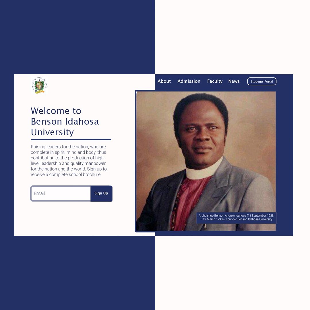 attisamuelson's tweet photo. Redesign of Benson Idahosa University's (I am an alumnus) landing page, paying tribute to a great leader and founder - Archbishop Benson Andrew Idahosa (11 Sep 38 - 12 Mar 98).
#senpaicollective #dribbble #design #designthinking https://t.co/EGzOYr7n9o