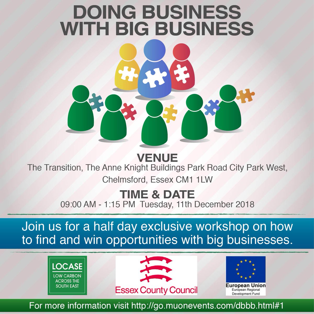 MuonEvents's tweet image. It's not too early to think about your business strategy for 2019! Join us on 22 Jan at @The_TransitionC in #Chelmsford for the next Doing Business with Big Business workshop. It's free! Book your place at go.muonevents.com/dbbb.html

@LoCASE_Biz @Essex_CC @RadioEssex @ChelmsCouncil