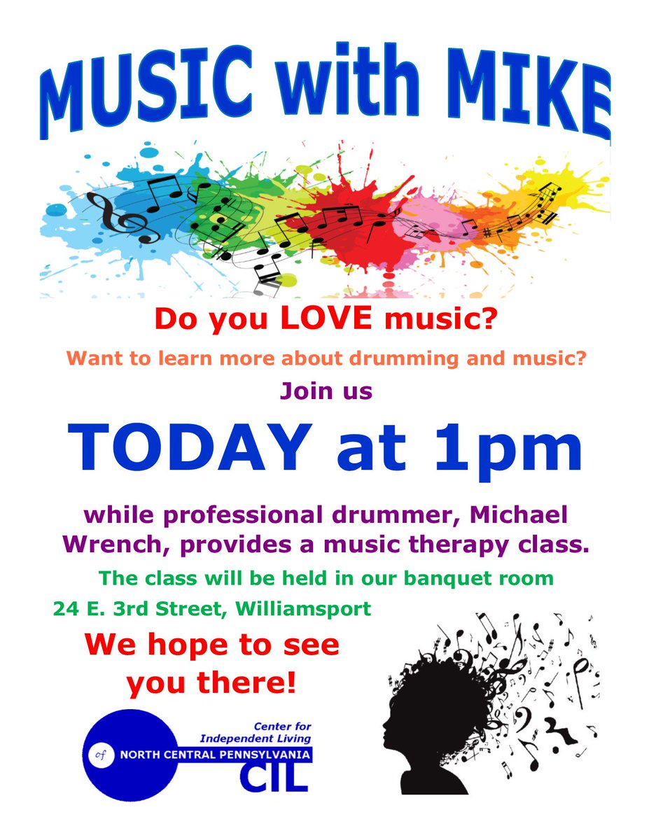 Today's the day... Join us at 1pm for a little #drumming with Mike Wrench from #UpbeatOutreach.
#CILNCP #MusicTherapy #Drums <a href="/HouseofWrench/">Mike Wrench</a>