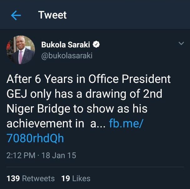 The public cynicism is understandable. This tweet from 2015 (by then Senator  @bukolasaraki) captures it perfectly: After all the campaign promises and boasts, little or nothing was done re 2NB in all those years. In spite of the biggest oil boom in recent Nigerian history.