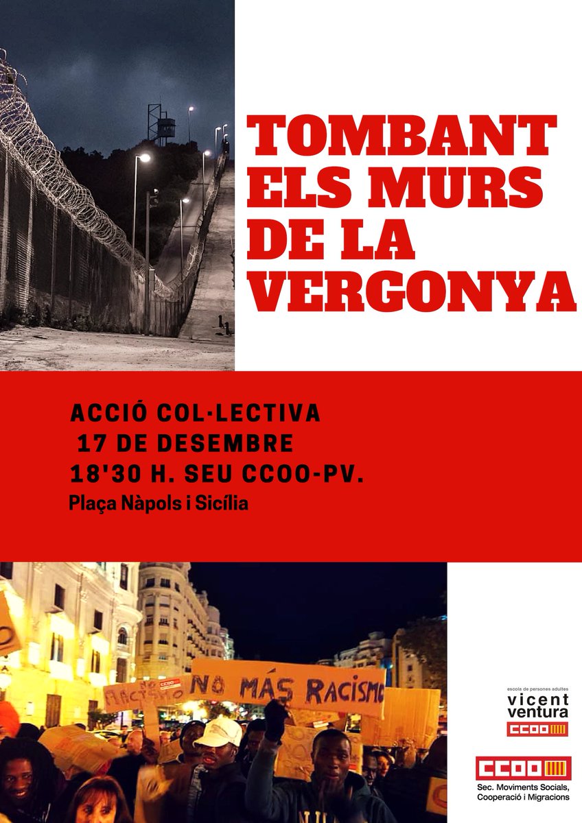ccoopv's tweet photo. 👉@ccoopv commemora el Dia Internacional pels Drets de les Persones Migrants, amb un acte simbòlic que pretén visibilitzar aquells murs construïts pel racisme, la discriminació i la incomprensió. https://t.co/Bax5qKF3y2
🗓️Dilluns dia 17
🕡18.30 hores
🏣 Pl.Nàpols i Sicília, 5 https://t.co/VwRjd0AO9A