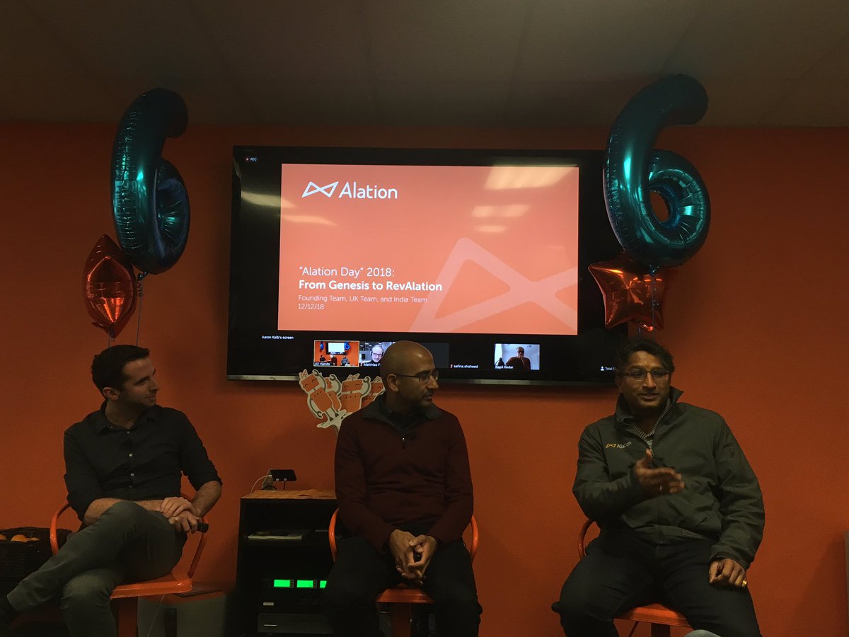slangenfeld's tweet photo. .@Alation Day goes international! Celebrating 6 years since the incorporation of Alation on Dec 12 with our offices in Europe, India and the United States. The founding team @satyx @AaronSKalb and @VenkyGanti in the house today sharing company lore! #datcatalog #startuplife https://t.co/0n6bRSaPYn