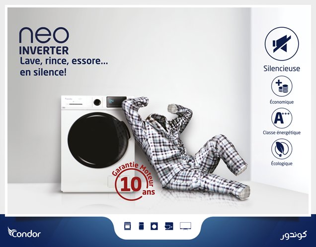 Condor_Electro's tweet photo. Lavage, rinçage et essorage tout en silence🔇 avec la nouveau lave-linge neo inverter de Condor❗
Découvrez les caractéristiques du produit sur le lien suivant : 
↪https://t.co/FJNSH9CwoE
#Condor #Condor_Algérie🇩🇿 #Condor_Electroménager #NEO_Inverter https://t.co/OGSq4krrny