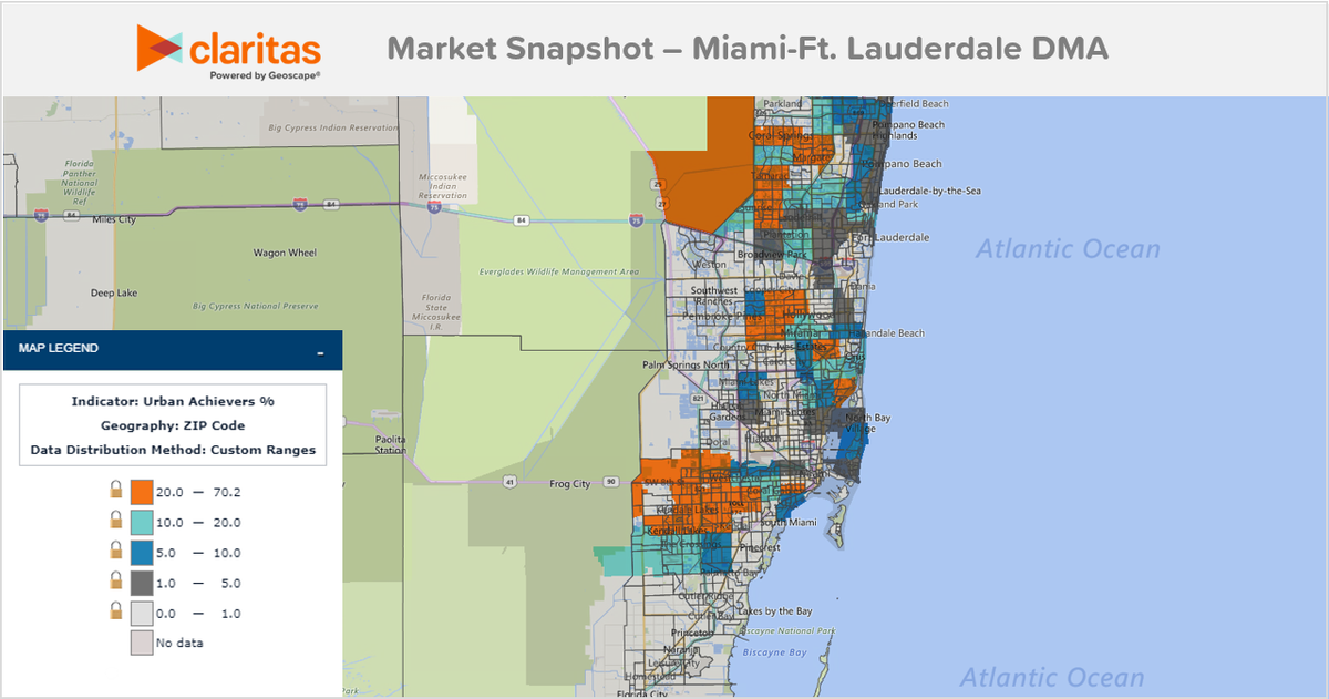 Geoscape's tweet image. In our recent Market Snapshot on the #Miami DMA, we find the market to have a high propensity for PRIZM® Premier Segment, Urban Achievers. Download our free report to learn more about this segment! geoscape.com/resources/miam… - #Demographics #Multicultural #Marketing #Data #Analytics