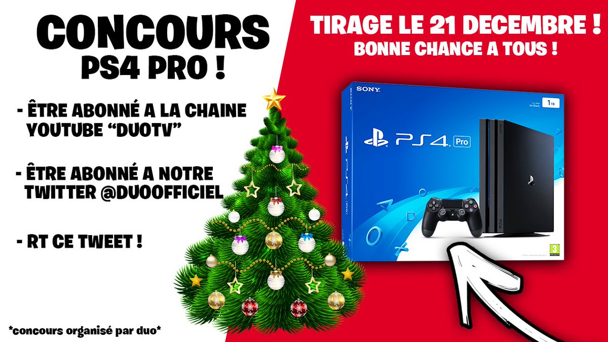 DuoOfficiel's tweet image. CONCOURS SPÉCIAL NOËL ! GAGNE UNE PS4 PRO POUR NOEL ! (Tirage le 21 décembre) ! Suis les conditions suivantes pour participer : 
- Abonne toi a notre chaîne secondaire "DUOTV" : youtube.com/channel/UCDlh-…
- Suis nous sur Twitter @DuoOfficiel 
- RT ce TWEET !
Bonne chance a tous ! ♥