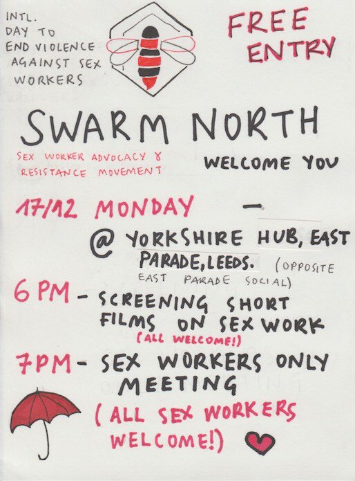 SWARM_North's tweet photo. Next Monday is the International Day to End Violence against Sex Workers and we’re hosting a film screening in Leeds! 🐝🐝🐝 #IDEVASW https://t.co/FT2hZaMxaN