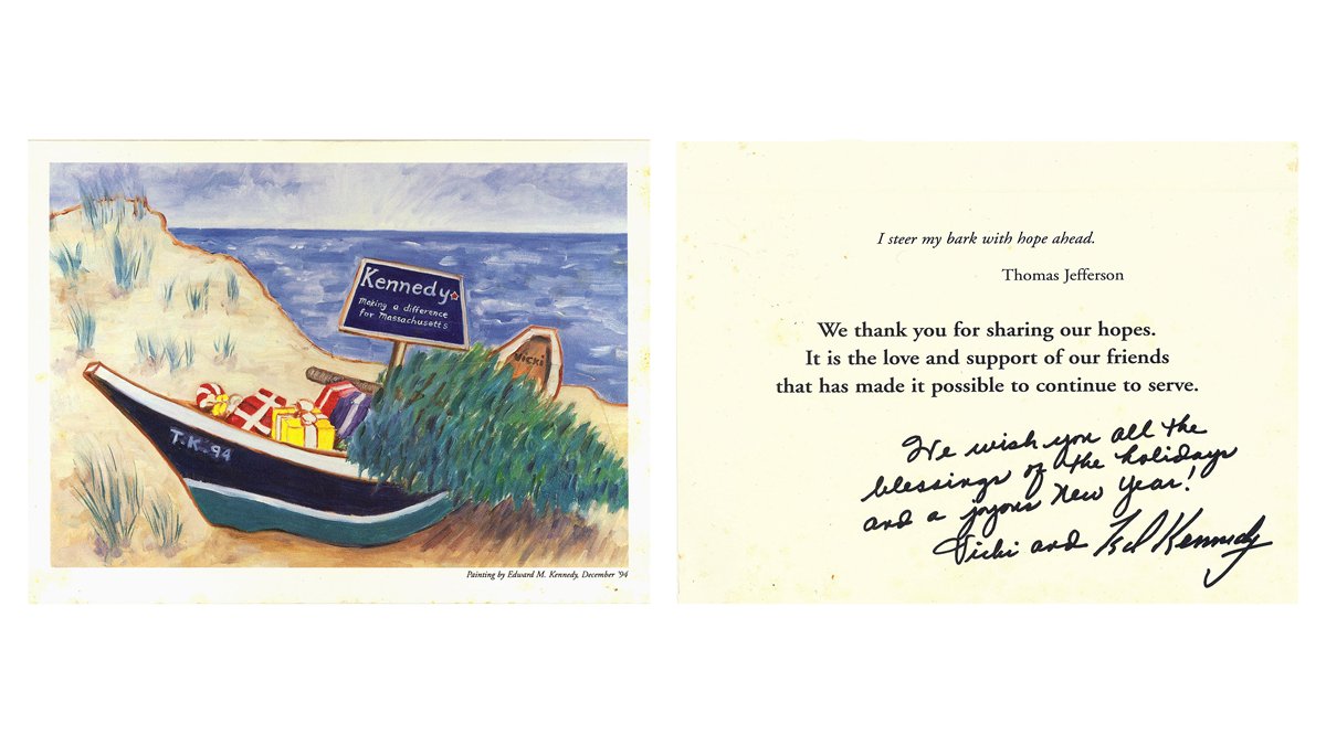 MassPoliVault's tweet photo. This 1994 Ted Kennedy Christmas card - issued shortly after he defeated Mitt Romney - featured one of Kennedy's paintings and a Thomas Jefferson quote, "I steer my bark with hope ahead" #mapoli #bospoli https://t.co/MePhGEVV2N