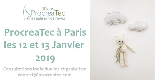 Le centre de PMA espagnol, <a href="/ProcreaTec_fr/">Clinique ProcreaTec</a> vous recevra à Paris pour des consultations gratuites le 12 et 13 Janvier 2019. Les Dr. Alexandra Izquierdo et Jennifer Rayward pourrons établir votre 1er diagnostic et vous accompagner dans votre projet de PMA. #FIV #PMA #FIVDO #fivette