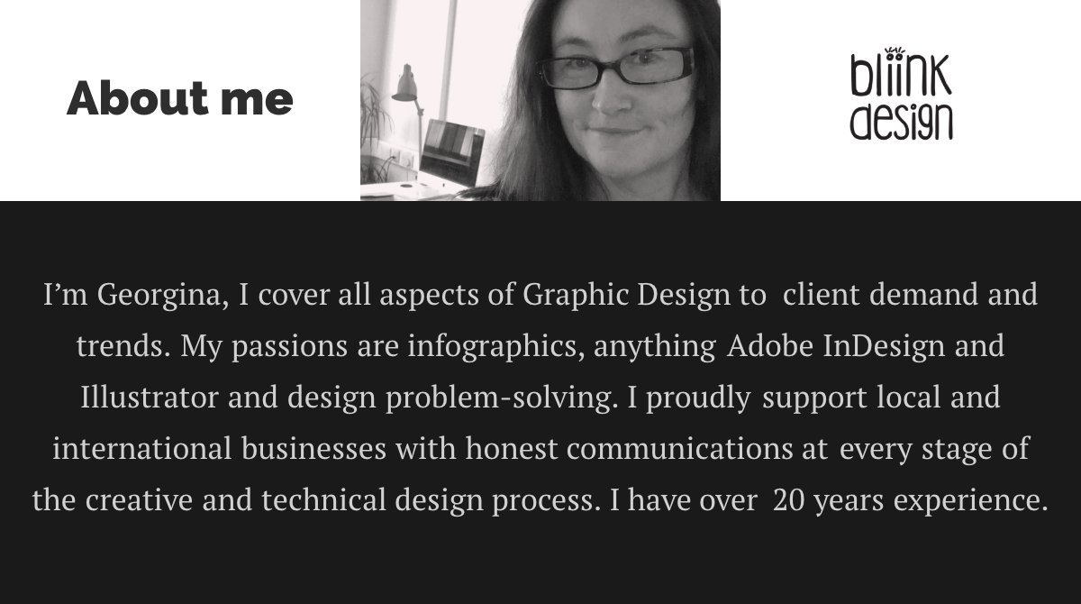 GGDesignUK's tweet photo. Just a short bio - available this week for freelance work.

#aboutme #freelance #graphicdesigner #availabletoday #infographics #presentations #blackandwhite #facebehindthelogo #bliinkdesign https://t.co/sfrv8G4SLM