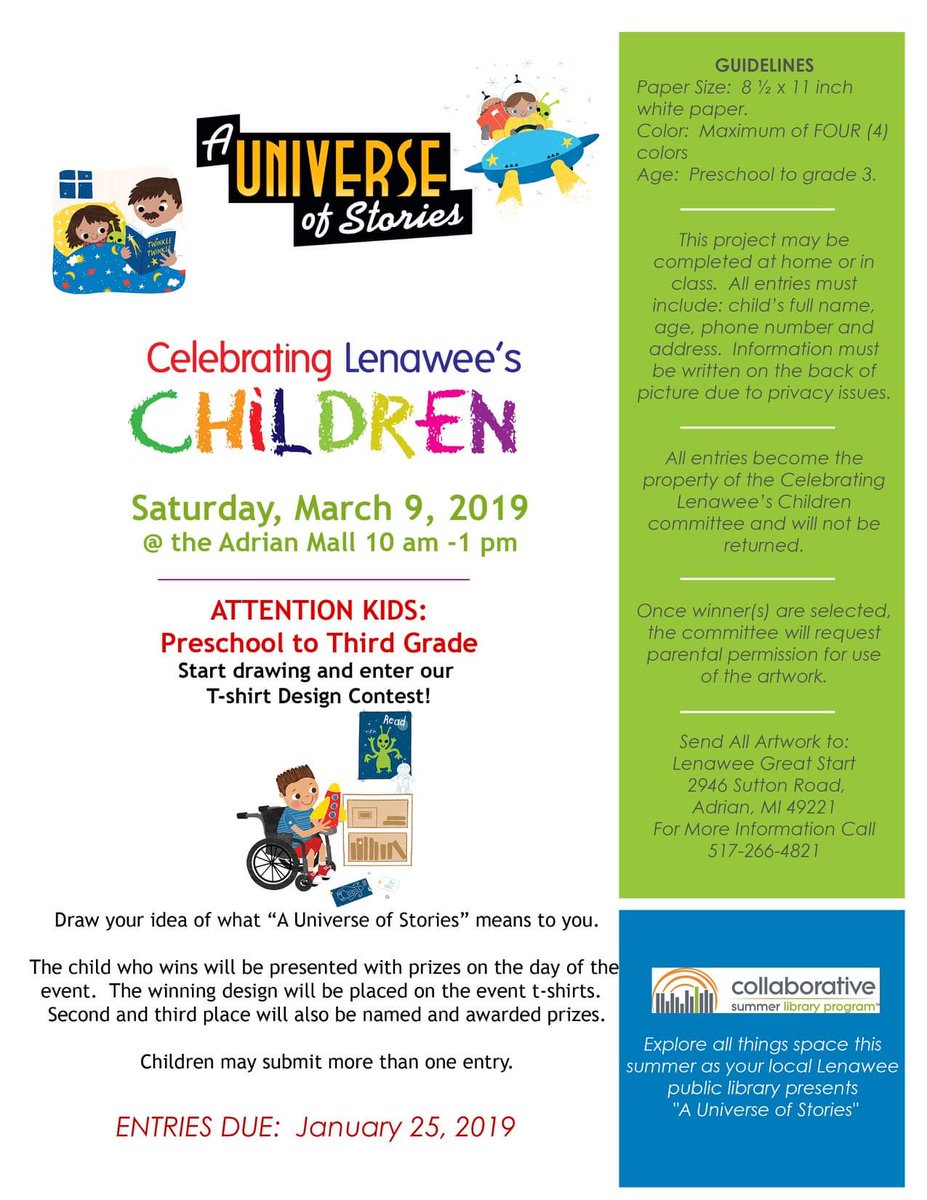 LenGreatStart's tweet photo. The 2019 Celebrating Lenawee’s Children T-shirt Coloring Contest has begun. This year’s theme is, ‘A Universe of Stories'. First place winner will have their artwork on the 2019 event T-shirt. Prizes will be awarded to 1st, 2nd and 3rd place winners at the event on March 9th. https://t.co/PyBReDdi5C