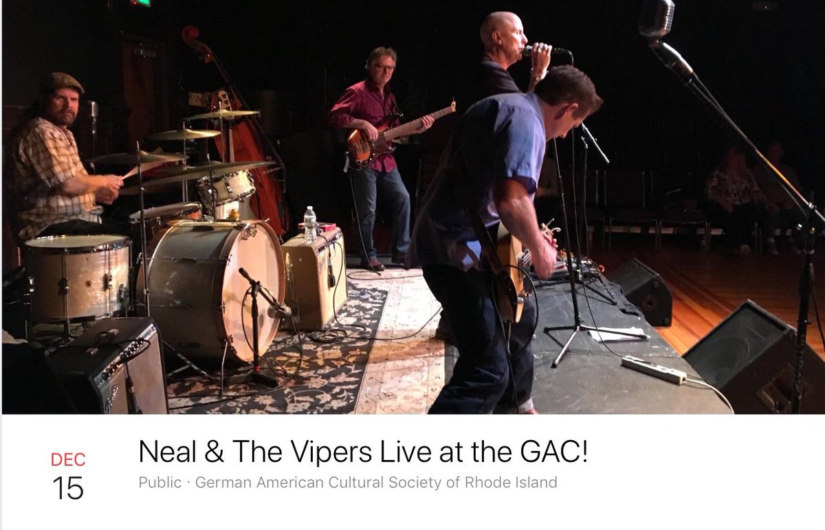 gacsri's tweet image. Saturday night December 15 legendary RI band Neal &amp;amp; The Vipers will be playing at the GAC!  Doors open at 7 &amp;amp; food and full bar is available!  We hope to see you w!