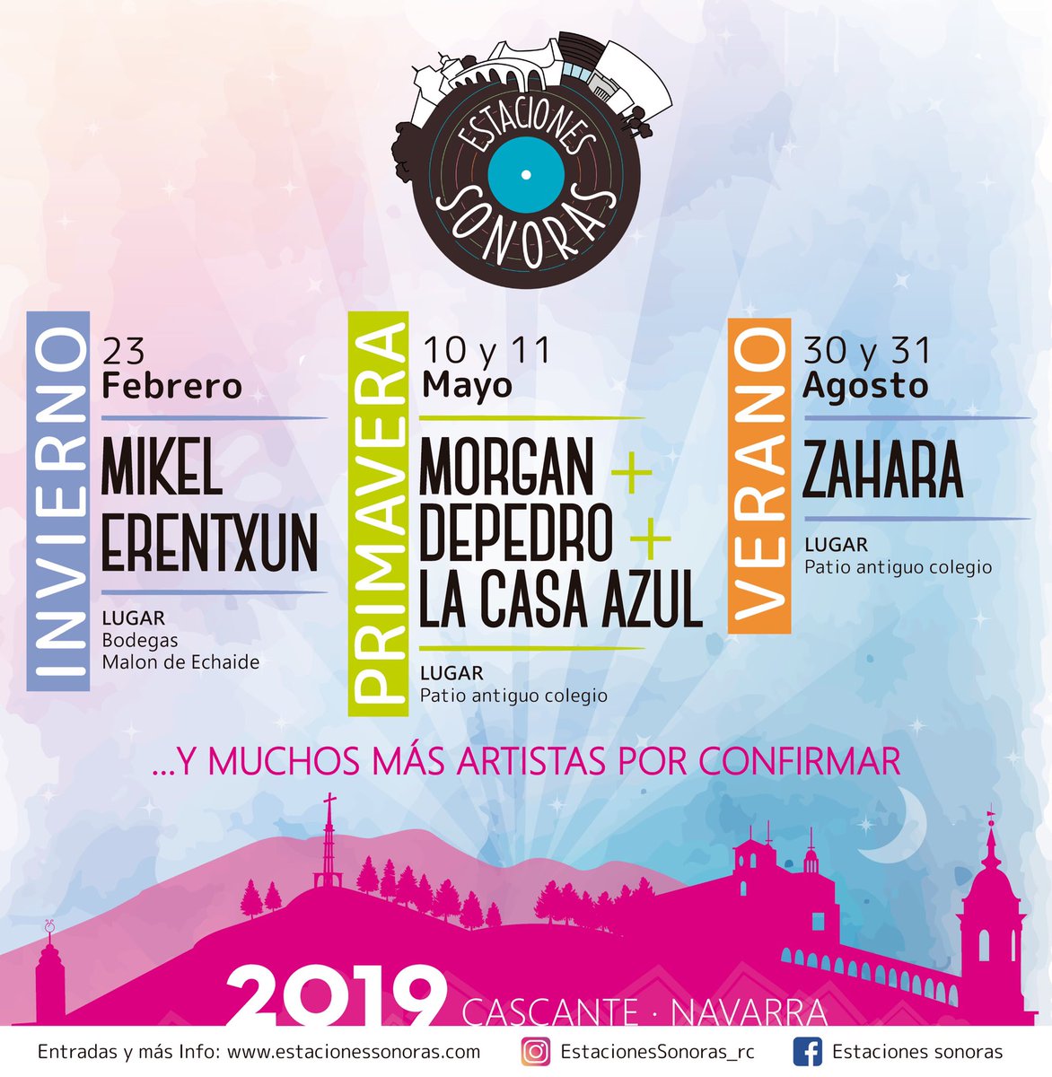 RadioCierzo's tweet photo. ¡#EstacionesSonoras Primeras confirmaciones! 
Mikel Erentxun | Morgan | DePedro | Zahara | La Casa Azul 

¡Esto solo es el principio! Entradas a la venta, viernes 14:
- Cascante: Maika y Mercería Perfumería Raquel
- Web: https://t.co/sN8D5zX6DW

#Navarra #Cascante #turismonavarra https://t.co/Ie83hrXg5D