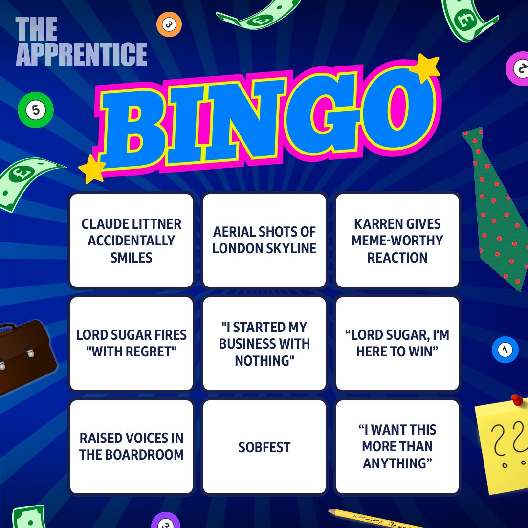 bbcapprentice's tweet photo. Watching #TheApprentice interviews? Keep this card nearby and call them off when you see 'em 😉 #ApprenticeBingo https://t.co/1uI1FTZieq