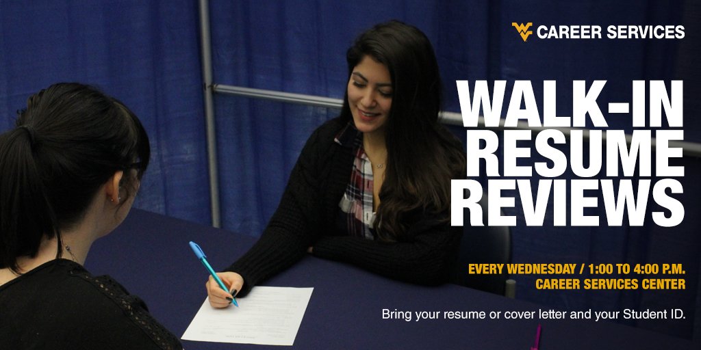 TODAY is your last chance to stop by our walk-in hours before break! Stop by with your resume for a resume review from 1:00 to 4:00 p.m. #WVU
