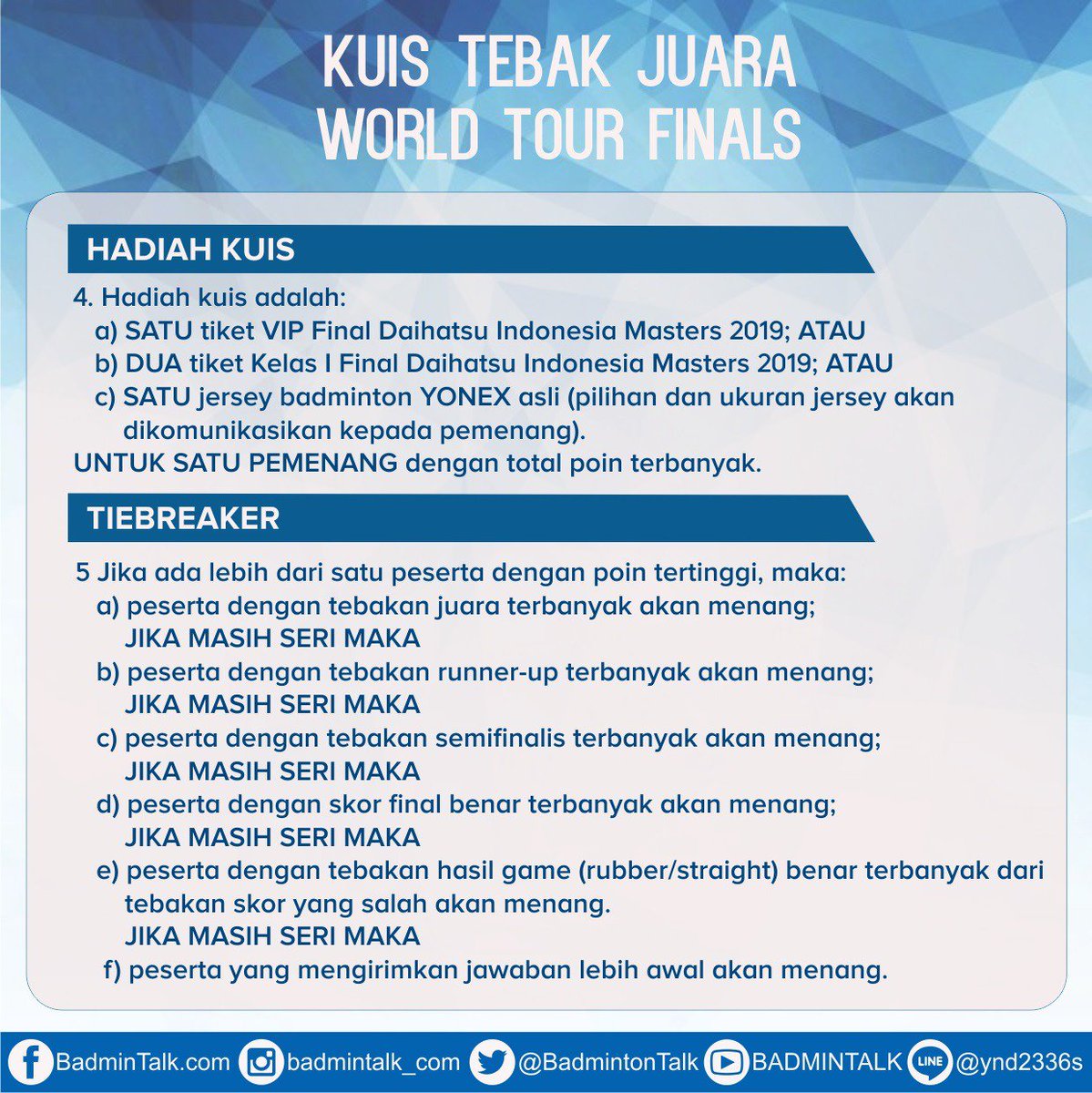 Kalian BOLEH mengirimkan jawaban BERULANG KALI, namun HANYA jawaban TERAKHIR yang akan dihitung.

Ini dia link nya, ingat ya... LIKE tweet ini dan bantu SEBARKAN ke teman-teman kalian y!

Cek #KuisBtalkWTF2018 di docs.google.com/forms/d/e/1FAI… NOW!

Deadline: Jumat 14 Des jam 09.59 WIB!
