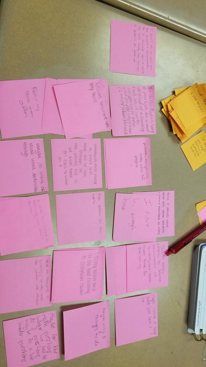 After our #blendedlearning playlist on Monday I asked my students for feedback, I asked for one positive thing and one thing to improve.  I then grouped by topics.  The feedback was great!  Orange =positive, pink =improve #fall6510