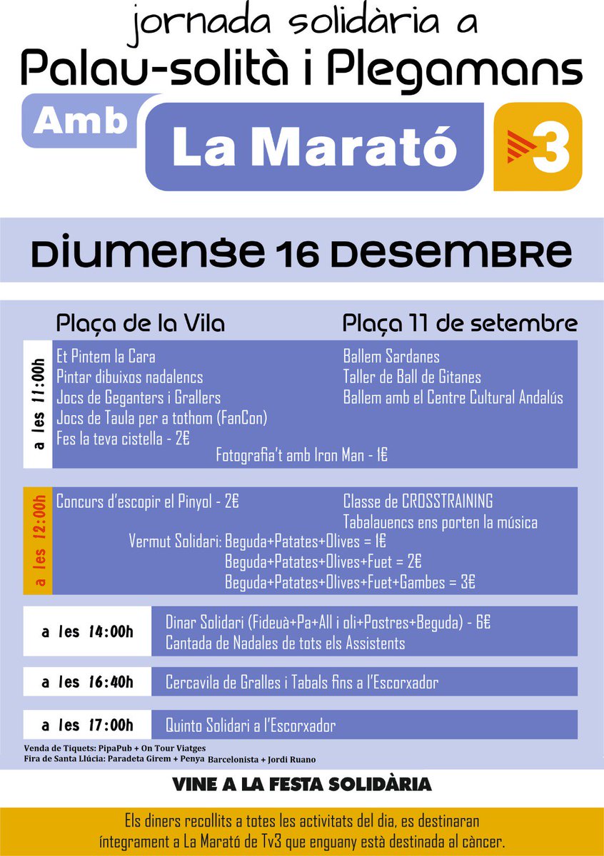 📆 16 de desembre

Jornada solidària a Palau-solità i Plegamans amb <a href="/la_marato/">La Marató de 3Cat</a>

#LaMaratóTV3 27a edició del programa, dedicada al cáncer.
#palausolitaiplegamans #psip