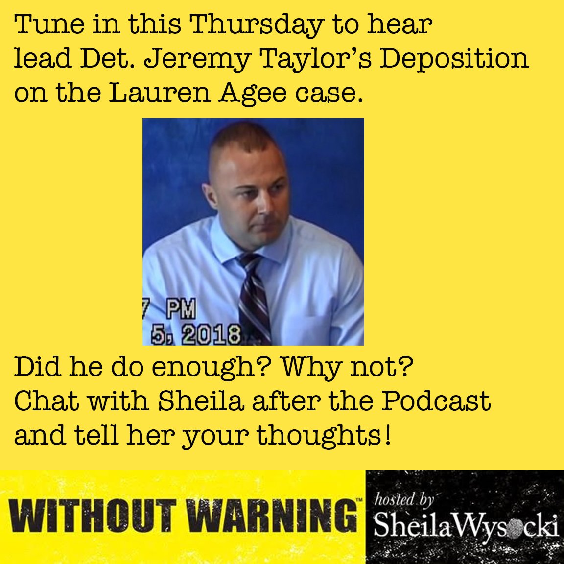 scrappymomPI's tweet photo. Listen with us this Thursday to Part 1 of lead Detective Jeremy Taylor's Deposition. 
#withoutwarningpodcast #podcast #withoutwarningpi #laurenagee #sheilawysocki #coldcase #privateinvestigation #dekalbcounty #wakefest #2015 #itunes #podcast https://t.co/FfJZEVqnI6