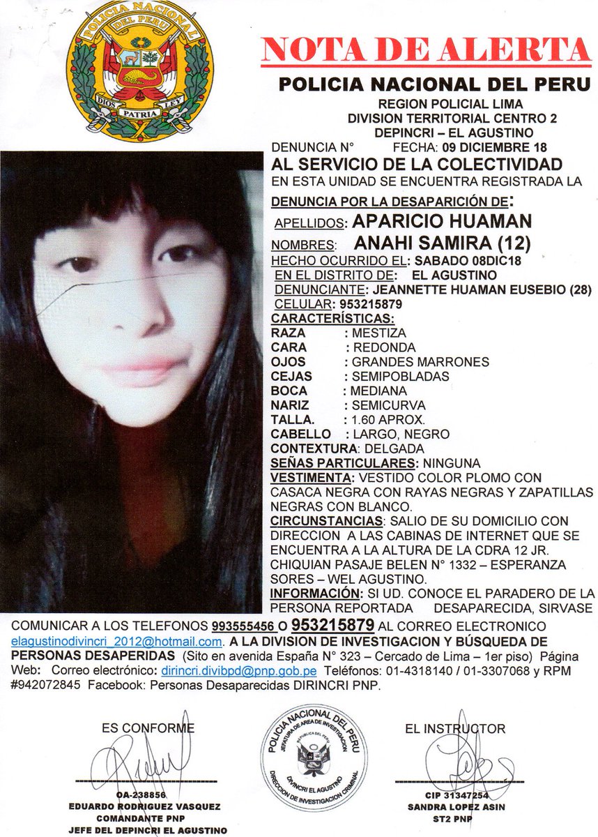 MuniLima's tweet photo. #AlertaAmberMML: Informamos la desaparición de la menor Anahí Samira Aparicio Huamán, vista por última vez en el distrito de El Agustino.
▶ Cualquier información comunicarse al teléfono: 993 555 456 https://t.co/m4L0cuW7gD