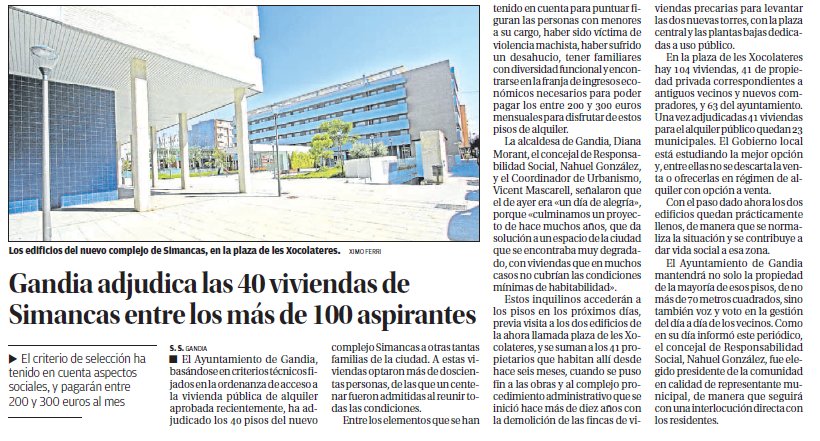 CompromisGandia's tweet photo. Adjudicades les 4️⃣0️⃣ vivendes en règim de lloguer públic a l’antic Simancas

👏 Per al govern de #Gandia és un dia d’alegria, perquè es culmina a la fi el llarg i entrebancat camí de rehabilitació i dignificació de la plaça de les Xocolateres

#RescatemPersones https://t.co/aO7KzWzdfh