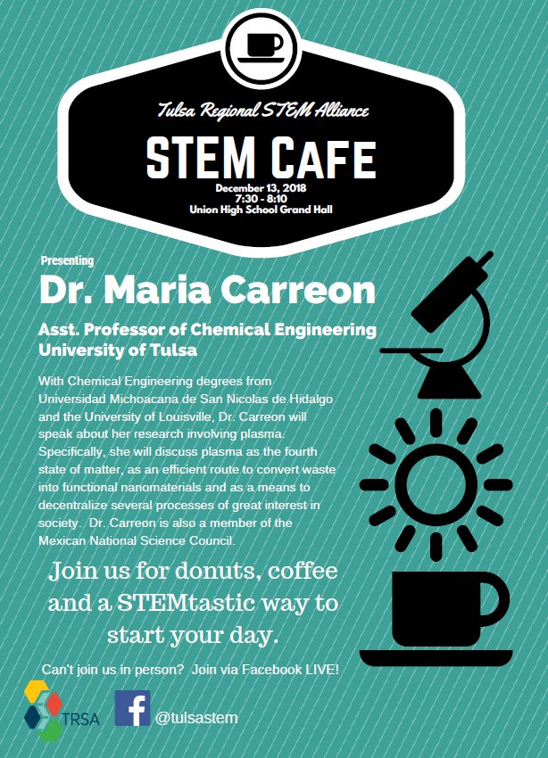 TRSA STEM Cafe Tomorrow Union HS Grand Hall 7:30 am
Dr. Maria Carreon, TU Asst Prof of Chem Eng
@TulsaSTEM <a href="/utulsa/">The University of Tulsa</a> <a href="/UnionMath/">Union P.S. Math</a> <a href="/cccunion/">Union College and Career Center</a> <a href="/TulsaUnionSTEM/">TulsaUnionSTEM</a>