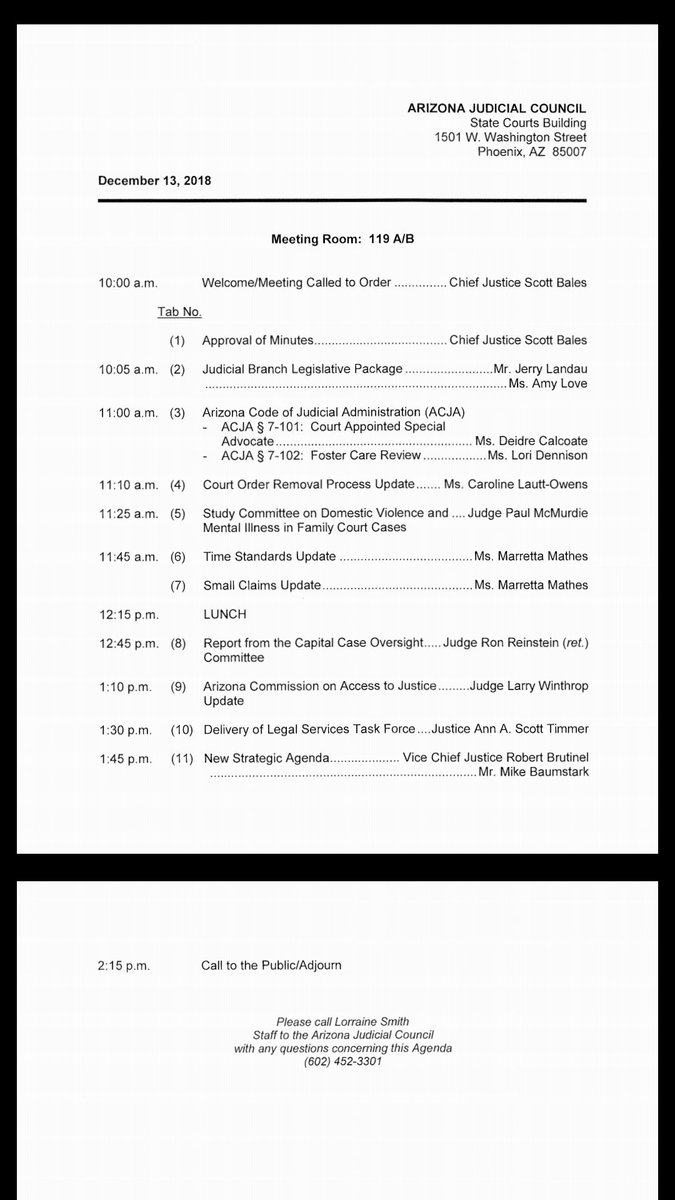 AZDCSWarriors's tweet photo. The agenda for AZ Judicial Council PUBLIC mtg 12/13/18. Take note FOSTER CARE is on the agenda, ppl! Anyone can show up-you don't have to speak. Learn what happens at these meetings because it affects YOUR life! 
@forloveofJ @azcentral @KellyTownsend11 @BennettArizona #makinglaws https://t.co/AnfWhbmIKM