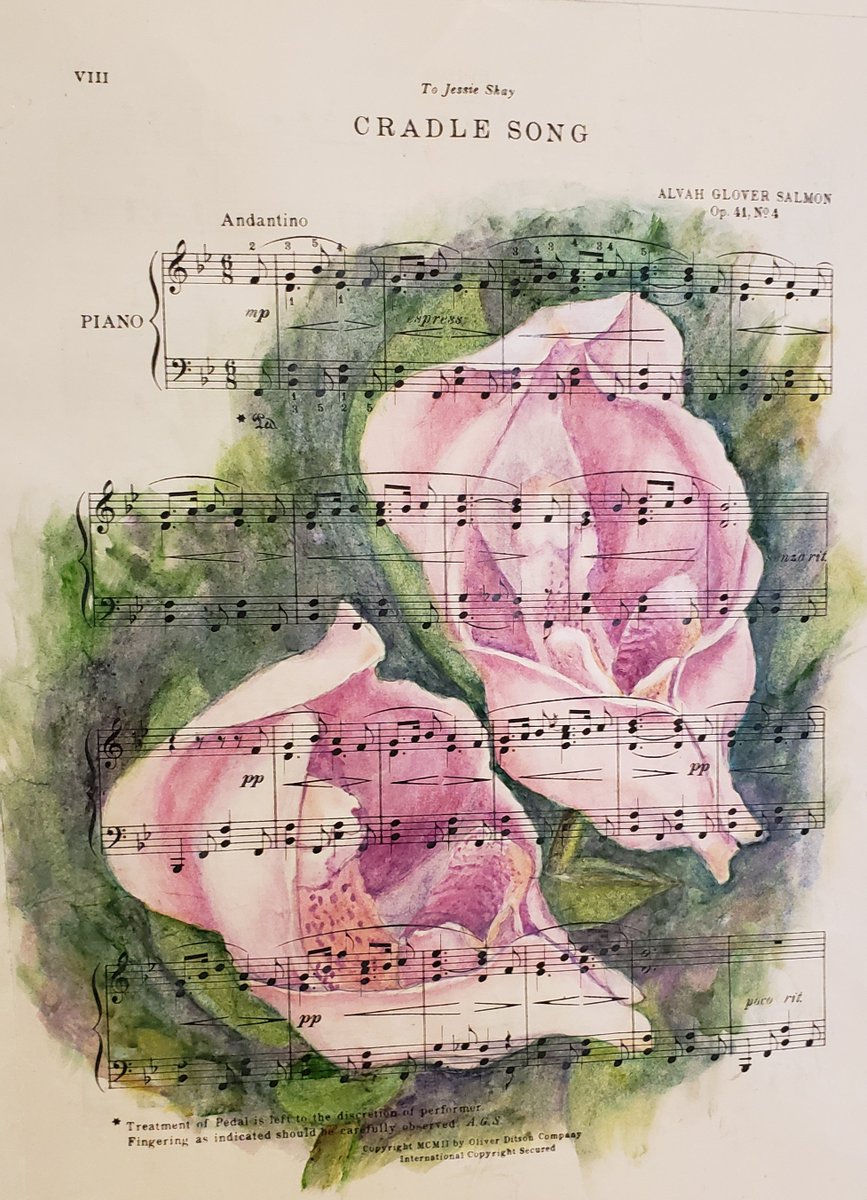 Artistriesbysue's tweet photo. My 2nd Painting on Music Paper (1904) ... the Title inspired me and I found Cradle Orchids to pay homage to the title - I hope you find it creative! .. #suechorney #fancifulwatercolors #yycartist #calgaryartist #musicpaper #orchidflower #watercolorpainting #ilovewatercolor https://t.co/r2gdMy2tMw