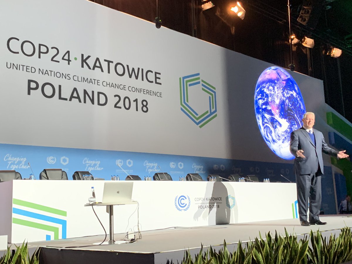 algore's tweet photo. Delivered my slideshow at #COP24 today. Thanks, @UNFCCC for the invitation. The world’s scientists have issued a grim warning - we need to act with greater ambition and urgency to develop the solutions to solve the climate crisis. https://t.co/qtVxcHPoRQ