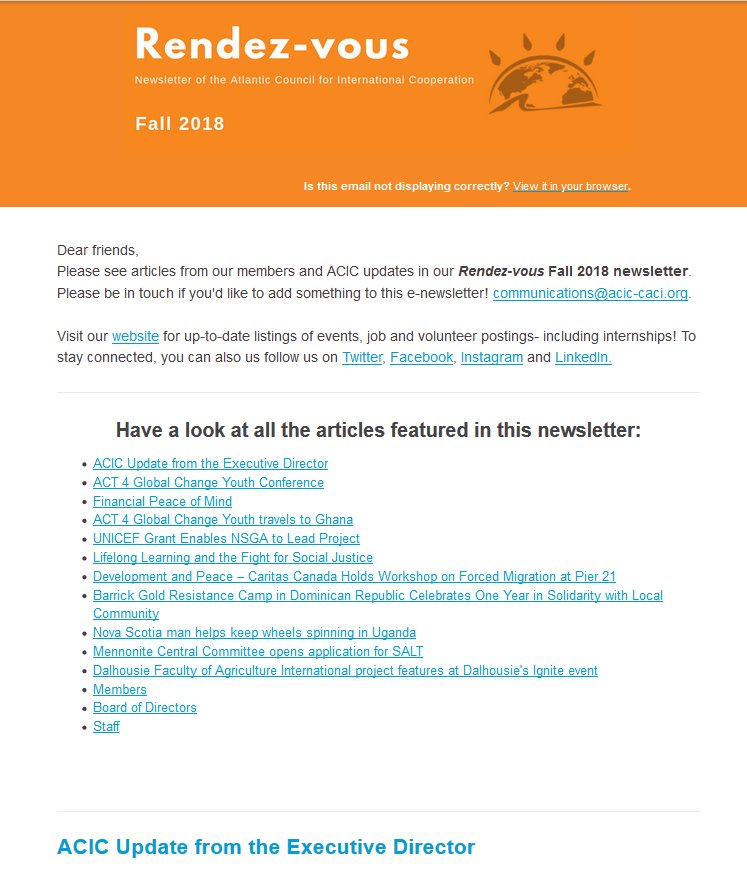 Our latest Rendez-vous e-newsletter features stories from <a href="/mccorg/">MCC Thrift Store- specifically Deb from Register</a>
<a href="/DevPeaceATL/">DevPeaceATL</a> <a href="/nsgambia/">Nova Scotia - Gambia Association</a> <a href="/CoadyStFX/">Coady Institute</a> and past youth ambassador <a href="/katherinedibbs/">Katherine Dibbon</a> ! We also chat about ACIC updates and upcoming events.
Check it out! bit.ly/ACICFall2018ne…