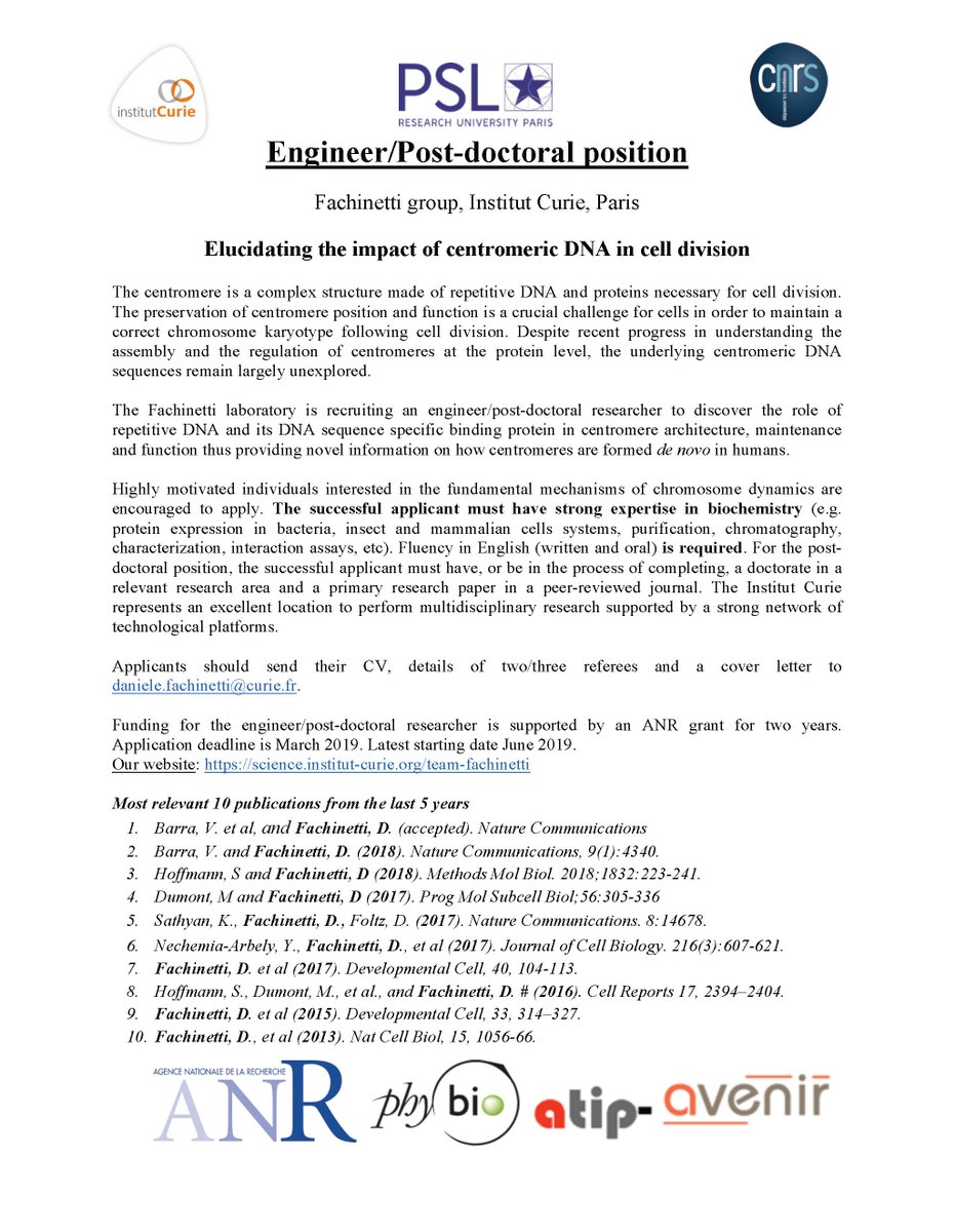 Daniele Fachinetti (@fachinettilab) on Twitter photo Dear friends and colleagues, the Fachinetti lab <a href="/FachinettiLab/">Daniele Fachinetti</a> is looking for a post-doc or an engineer with strong expertise in biochemistry to investigate the role of centromeric DNA in centromere biology and chromosome segregation. See attached file. Please pass the word Dear friends and colleagues, the Fachinetti lab <a href="/FachinettiLab/">Daniele Fachinetti</a> is looking for a post-doc or an engineer with strong expertise in biochemistry to investigate the role of centromeric DNA in centromere biology and chromosome segregation. See attached file. Please pass the word