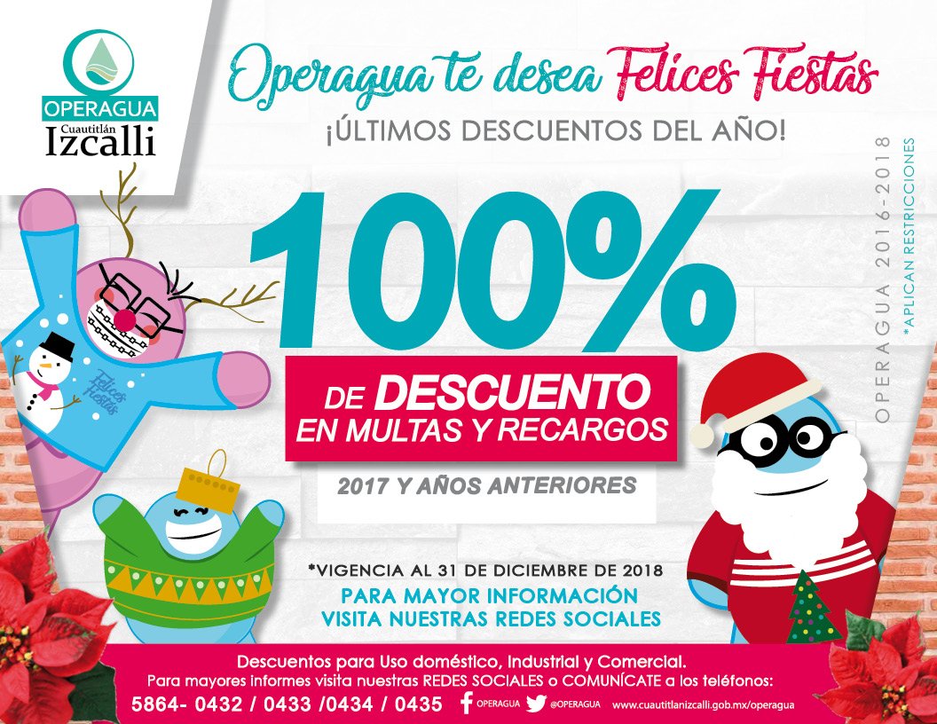 ¡¡¡Aprovecha los últimos días!!!
Si aún tienes adeudos de 2017 y años anteriores, acude a @OPERAGUA y solicita la condonación de multas y recargos por el pago extemporáneo.
Concluye el 2018 sin saldos pendientes
Te esperamos en OPERAGUA