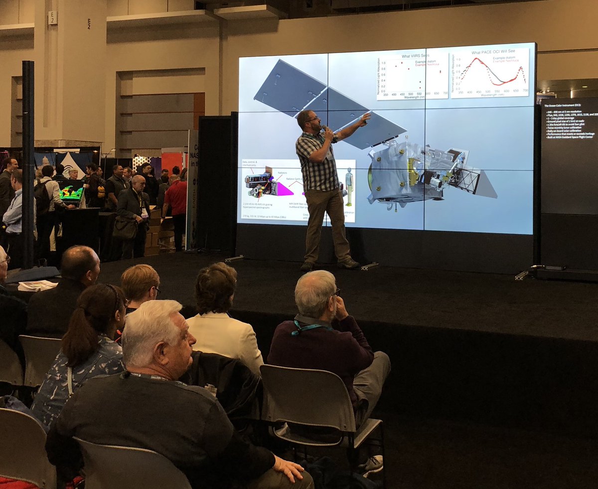 NASA_NAAMES's tweet image. NASA scientist, Jeremy Wendell introduces the next generation of spaceborne sensors for observing the coupled ocean-atmosphere system happening now at the AGU Hyperwall. #PACE #2018AGU