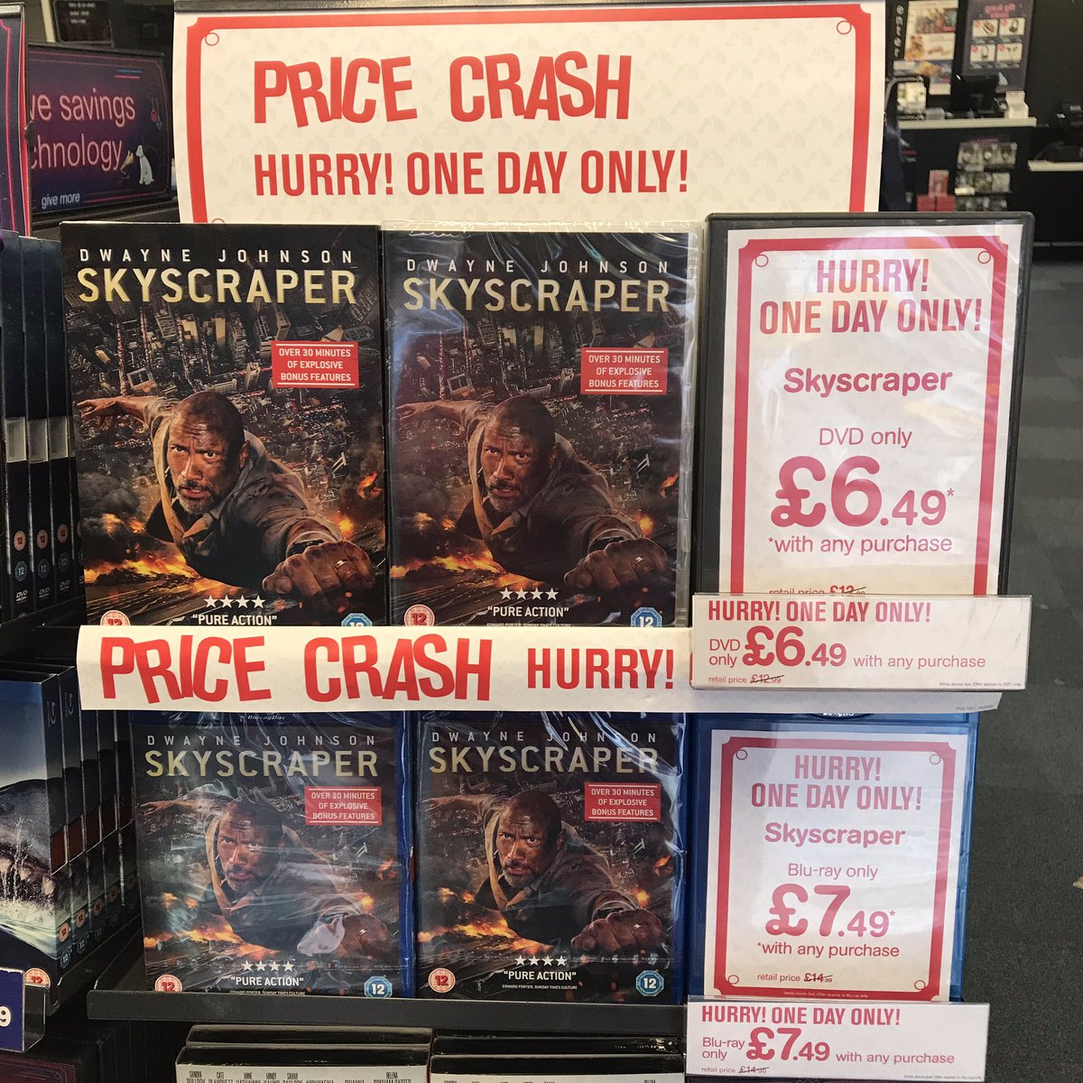 Come into <a href="/hmvCroydon/">hmv Croydon</a> and grab our explosive deals! #Skyscraper with <a href="/TheRock/">Dwayne Johnson</a> £6.49 on DVD and £7.49 on Blu Ray, today only!! #HMVDailyDeals #HMV