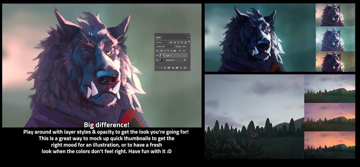 Treatscraft's tweet image. I'm sure a ton of people already know how to do this, but I only learned recently, so I wanted to share one of my favorite thumbnailing tricks! Color matching is SUPER helpful to quickly map out potential color schemes :D