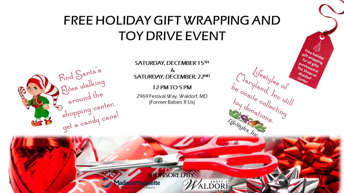 LifeStylesofMd's tweet photo. No reason to hide all your gifts and wrap them at the last minute. Not this year!  Bring them to the Shops at Waldorf Center and get them wrapped free!

While you wait, give a toy!  LifeStyles will be there collecting toy donations. https://t.co/6tMhEqHwgu