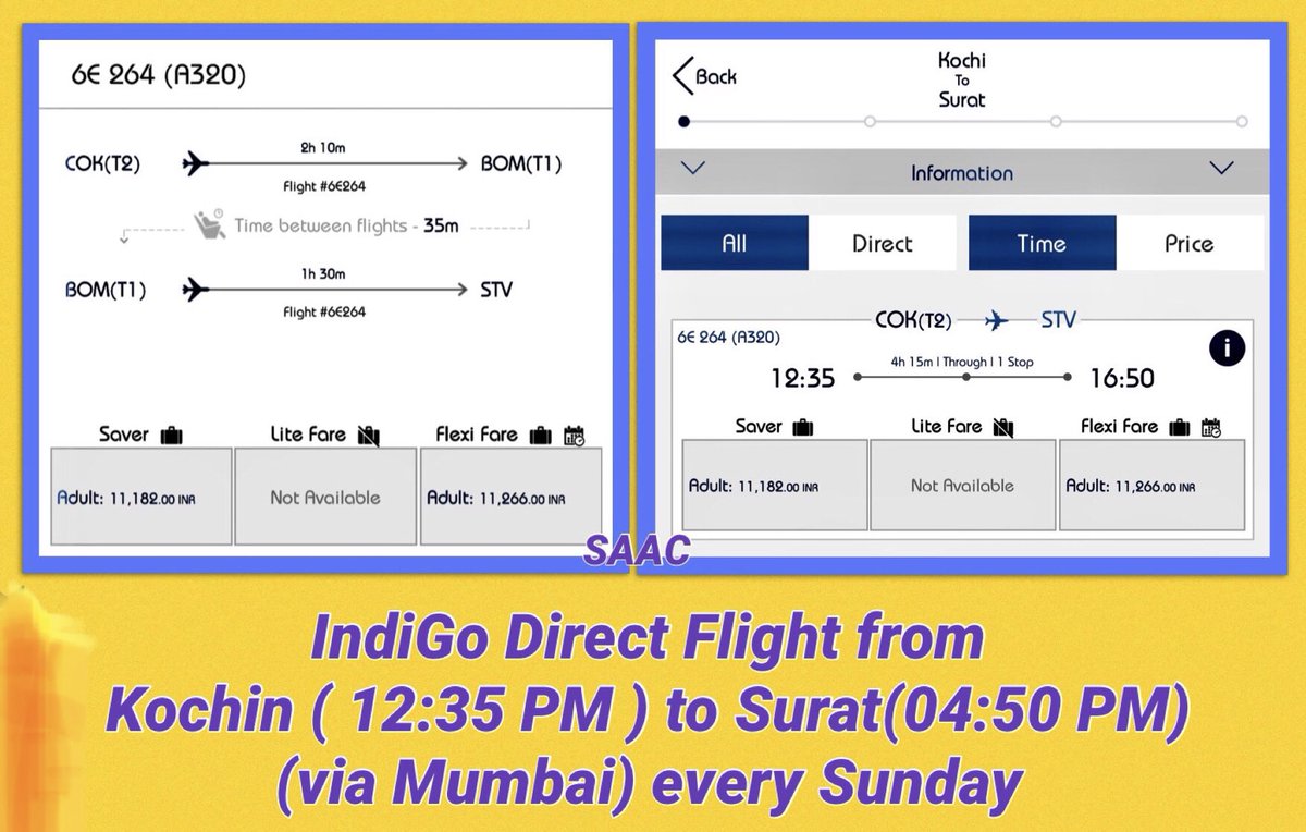 Now enjoy the Same flight Connectivity between #Kochin to #Surat.
@IndiGo6E #SAAC.
@KochiAirport @aaistvairport