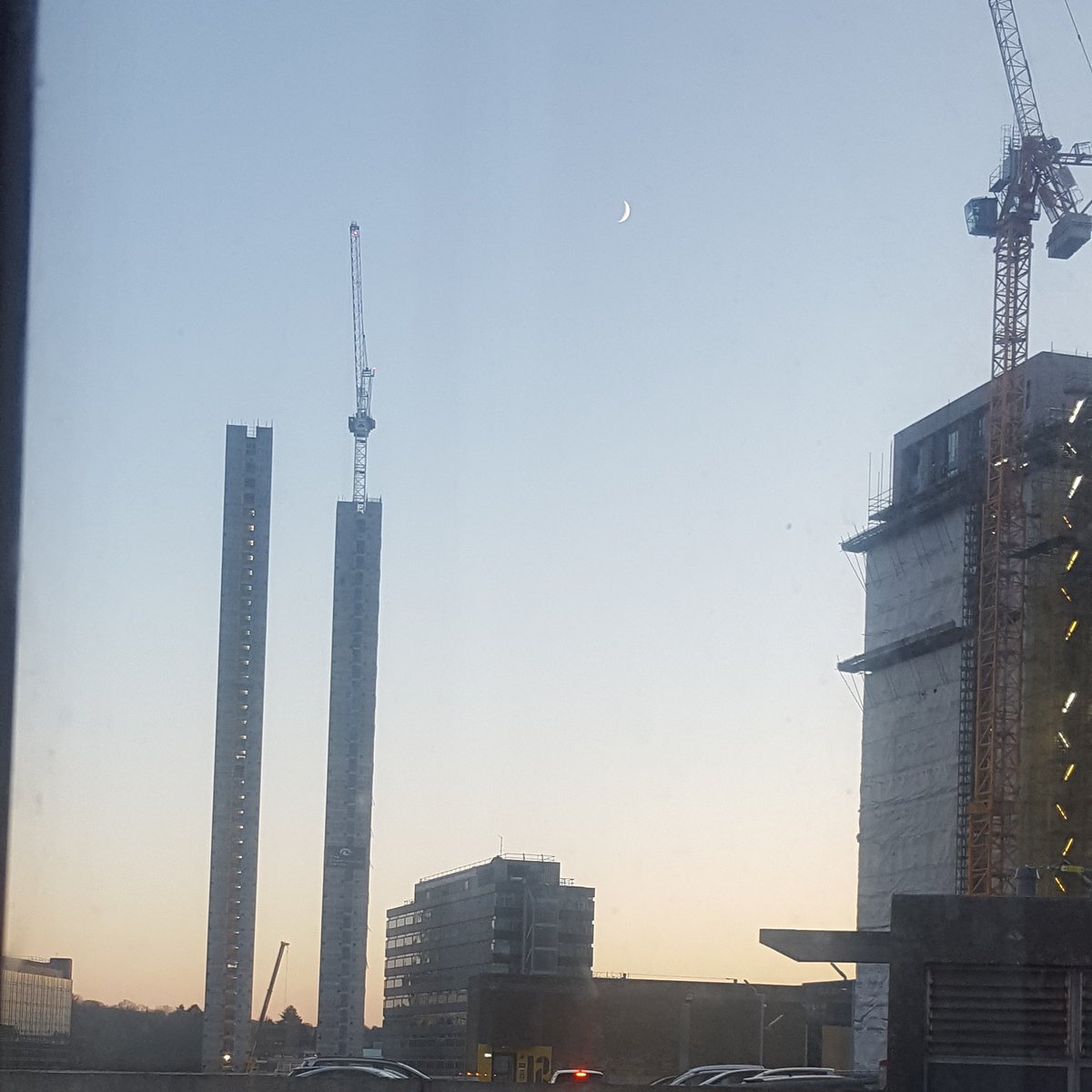 CalcoServices's tweet photo. View from the office of the World's tallest #modular towers. The concrete cores are now complete! Look forward to see how the finished towers will look #Croydon  #localconstruction #Construction #constructionnews https://t.co/62ZCPO49Ht