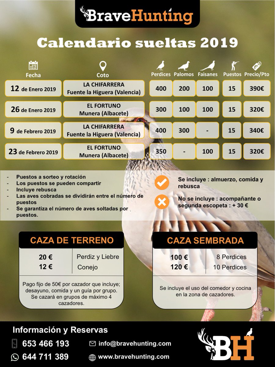 BraveHunting's tweet photo. Ya tenemos disponible el calendario de las #sueltas para  enero y febrero 2019 en Munera y Fuente la Higuera. Para más información y reservas contactarnos. https://t.co/vm3E593yDy, #sueltas,#tiradas,#ojeo,#cazamenor,#caza,#perdiz,#faisan,#palomo. https://t.co/EP8YWpg0VX