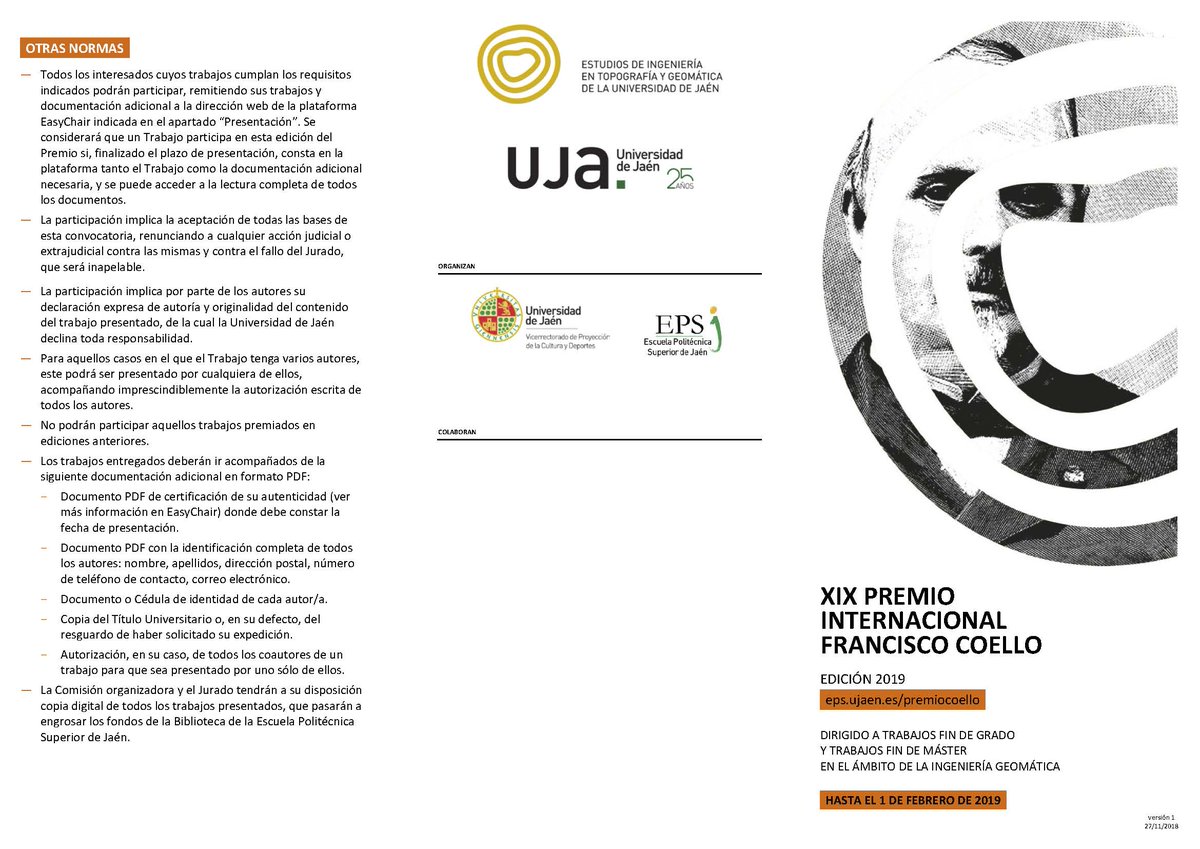Comienza la XIX Edición del Premio Internacional Francisco Coello dirigido a Trabajos Fin de Grado y Trabajos Fin de Máster en el ámbito de la Ingeniería Geomática.

El plazo de presentación finaliza el 1/02/2019.
@DelAlEPSuja <a href="/GeomaticaEs/">Geomática ES</a>